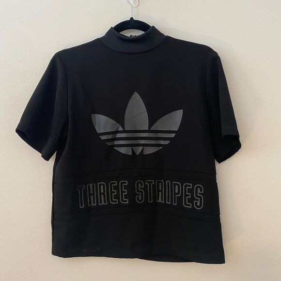 Adidas Black Trefoil Three Stripe Graphic Mock Neck Back Zip Short Sleeve Top S - Picture 2 of 12